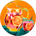 Colorful pitcher of fruit-infused beverage with slices of orange and a glass filled with the drink, set against a vibrant orange background.