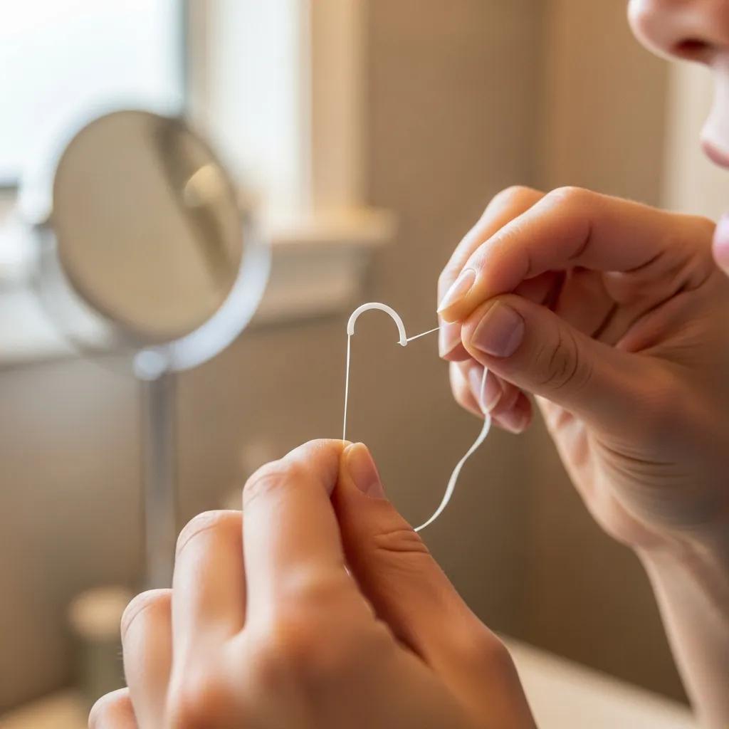 Close-up of a person using dental floss between teeth demonstrating proper flossing technique