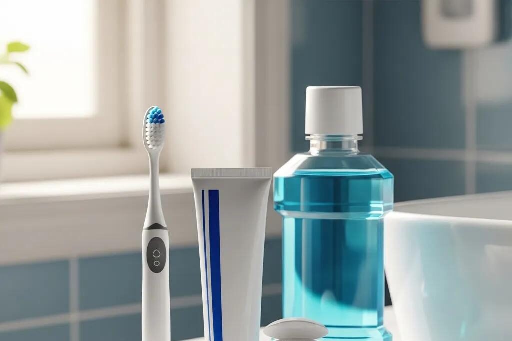 Dental care products including toothbrush, toothpaste, and mouthwash on a clean bathroom countertop