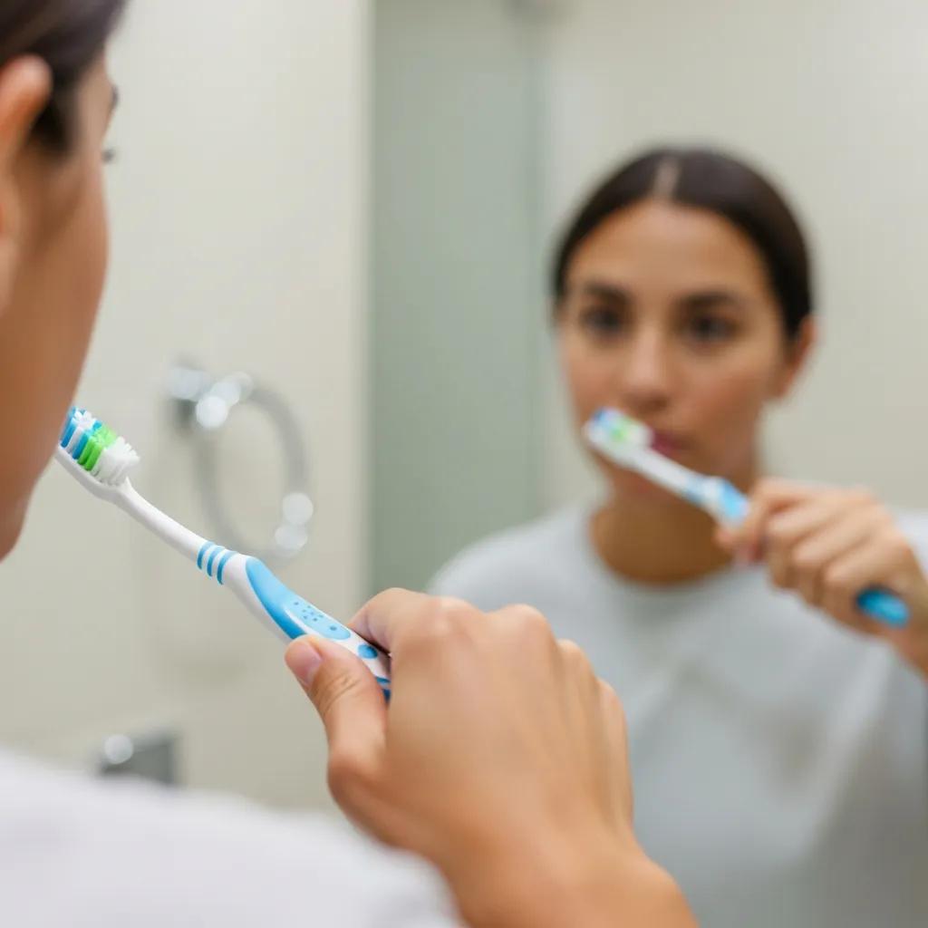 Person demonstrating proper tooth brushing technique in a bathroom setting