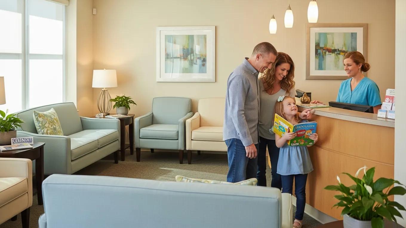Cozy dental waiting area with a family interacting with the receptionist, emphasizing patient-focused care