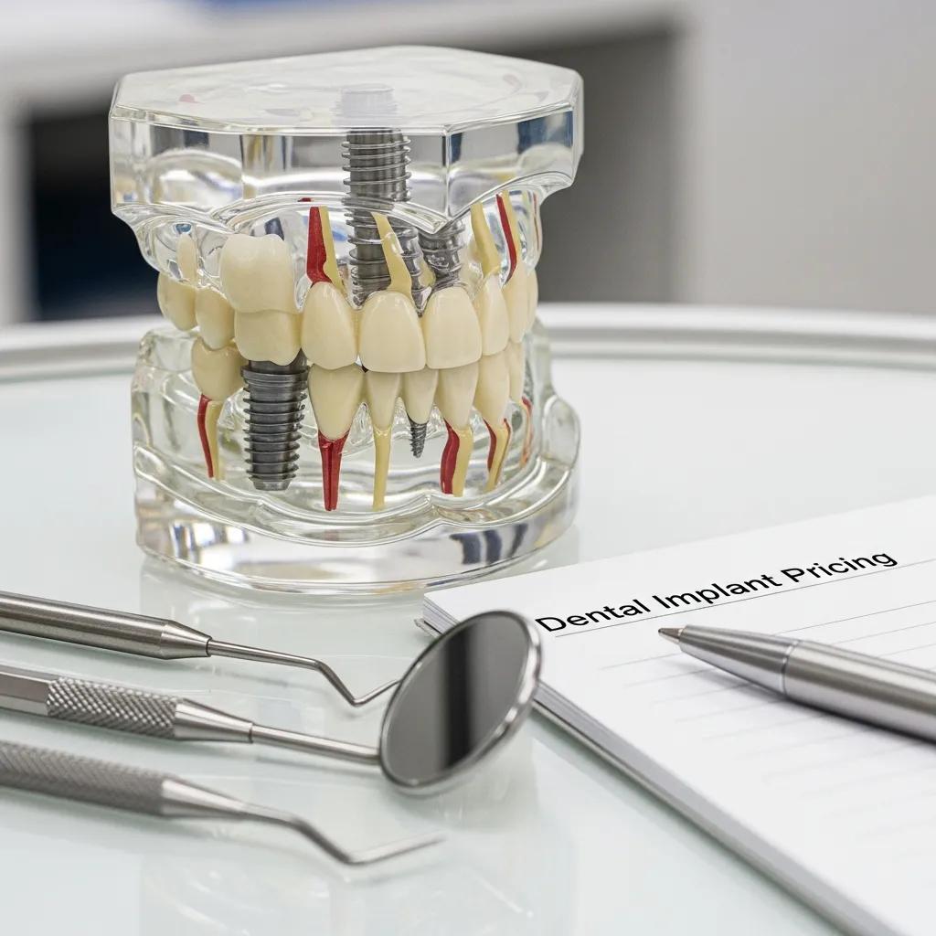 Dental implant model on a workspace, representing pricing discussions in dentistry