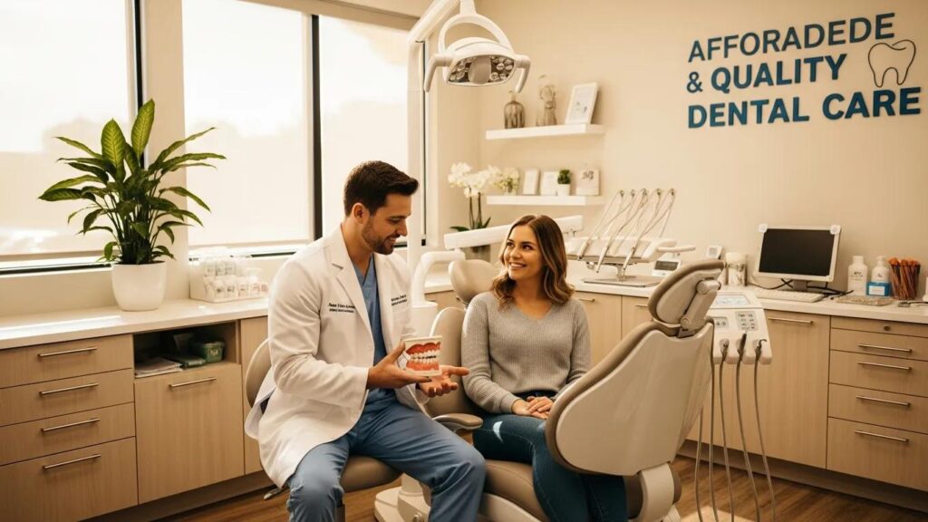 Welcoming dental office with a dentist and patient discussing affordable dental care options