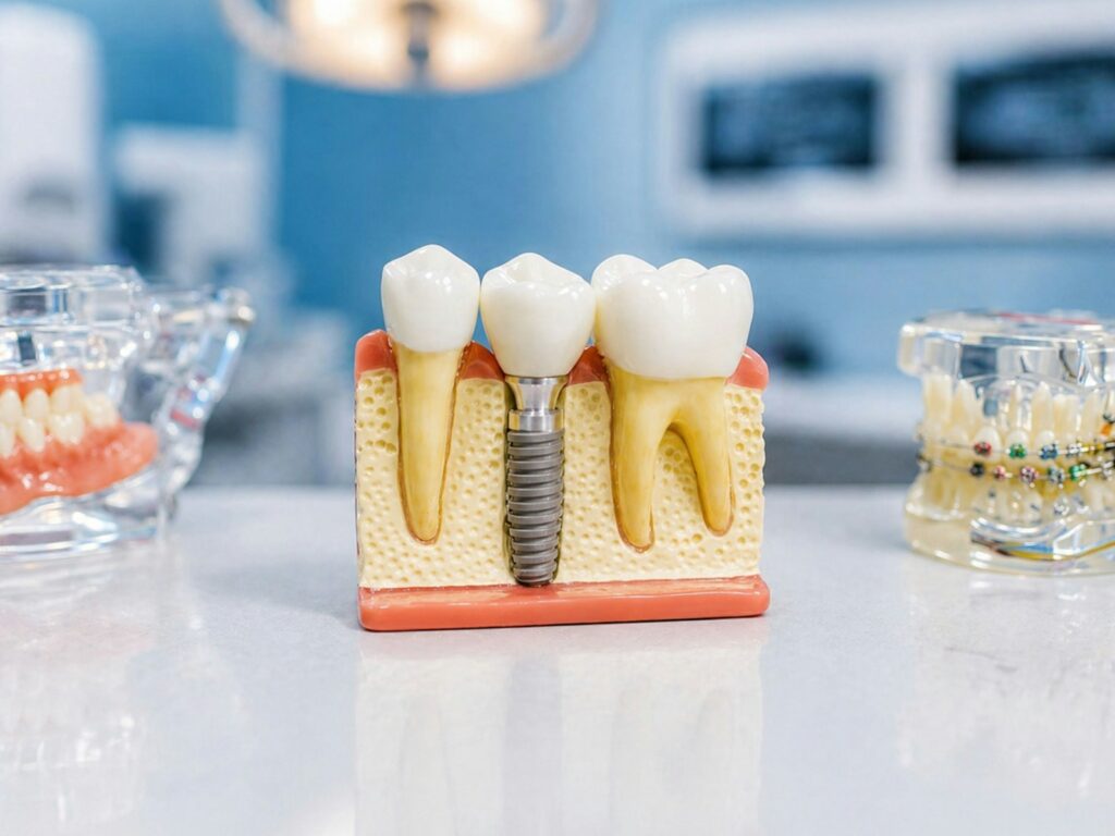 Close-up of a dental implant model with crown restoration used during patient consultations at Laguna Niguel Dental for Aliso Viejo patients