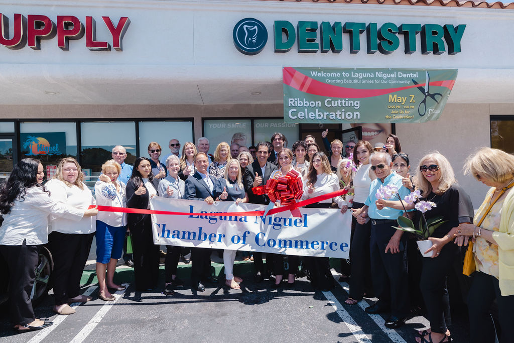 Laguna Niguel Dental staff and patients celebrating the grand opening of South Orange County's newest family and cosmetic dental practice