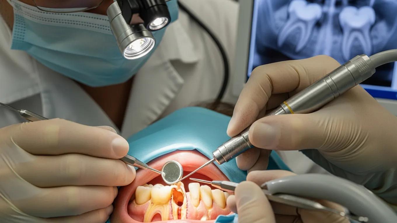 Dentist performing pulp removal during a root canal procedure, showcasing advanced dental technology
