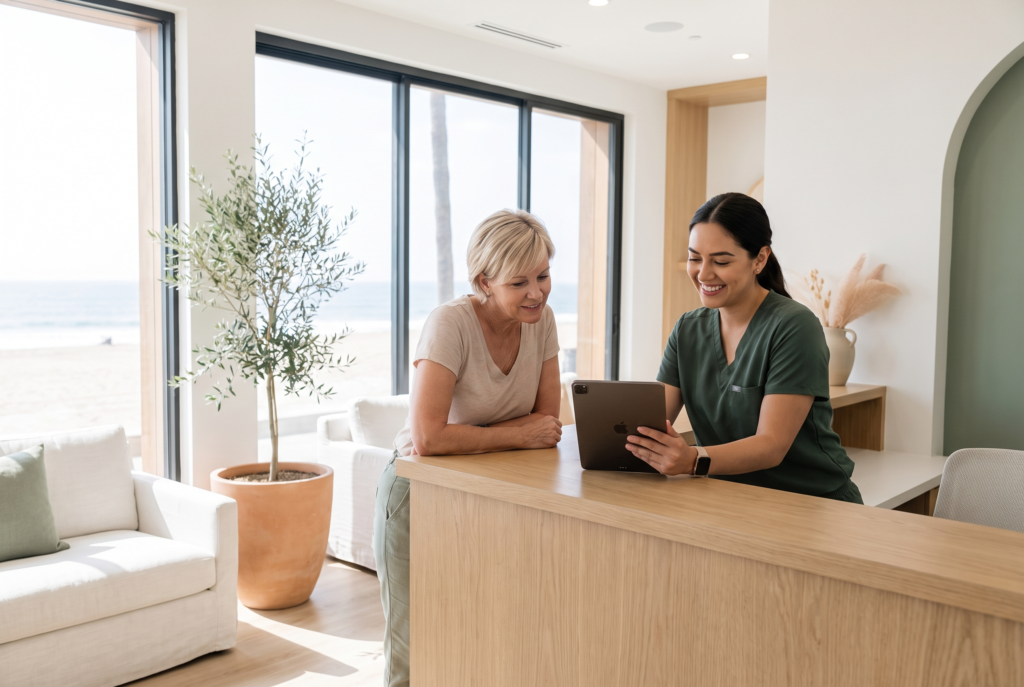 Dental front-desk coordinator reviewing a patient's remaining insurance benefits on a tablet