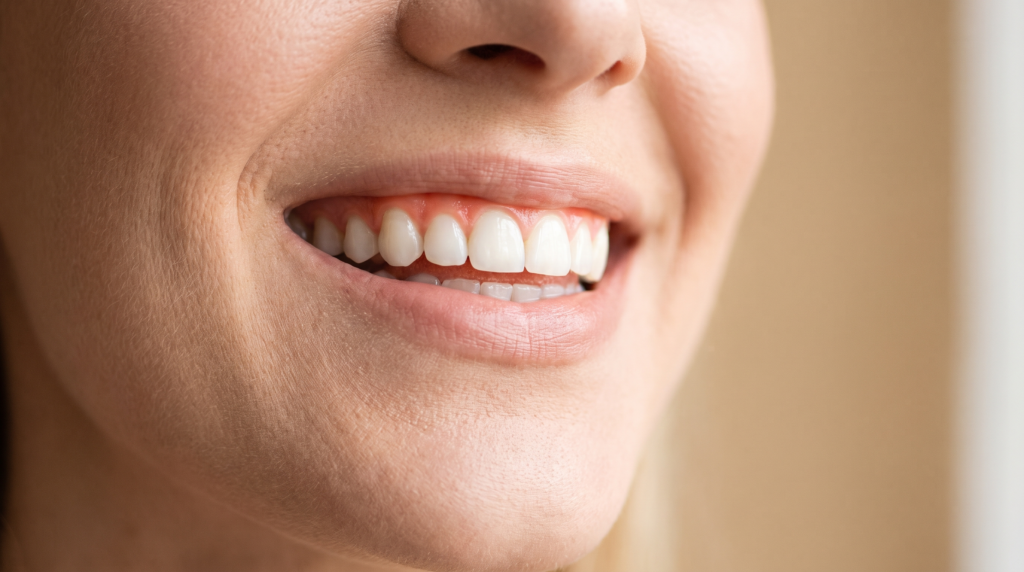 Close-up of a healthy smile with firm pink gums and clean white teeth