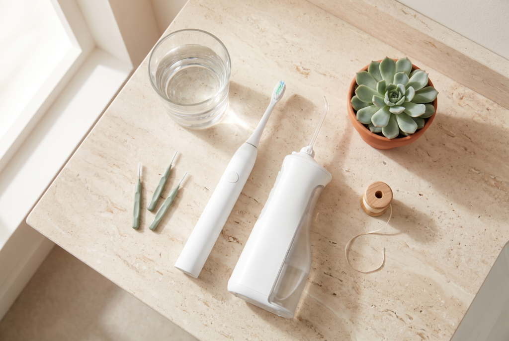 Gum care tools including a soft electric toothbrush, water flosser, interdental brushes and floss