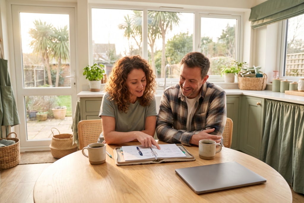 Couple planning their dental appointments at the kitchen table before their benefits reset