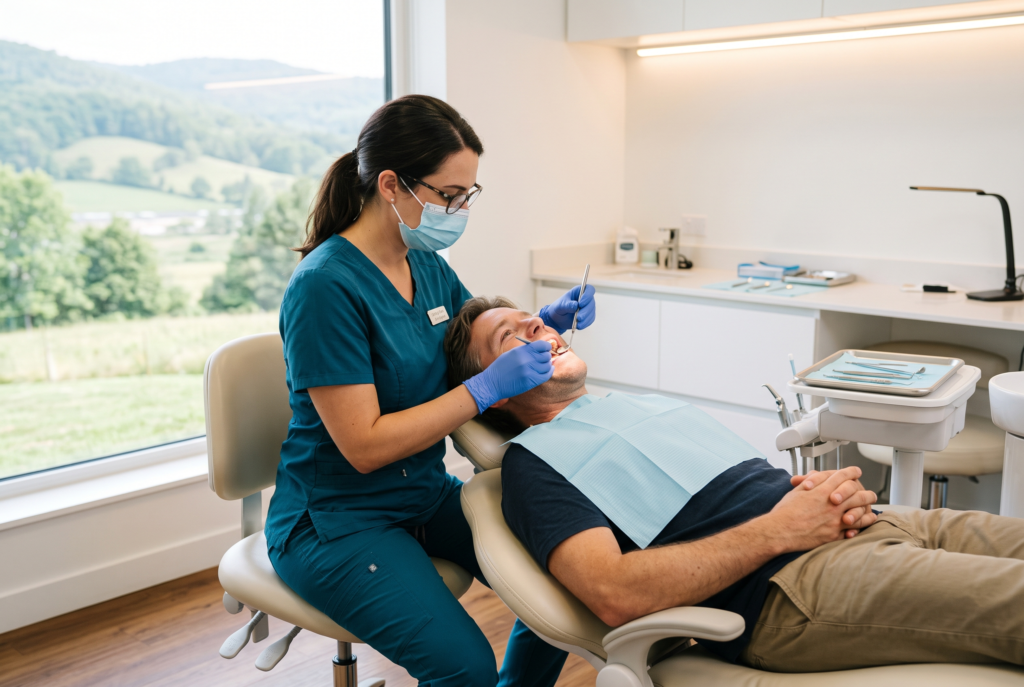 Hygienist performing a routine teeth cleaning on a relaxed patient in a modern dental treatment room