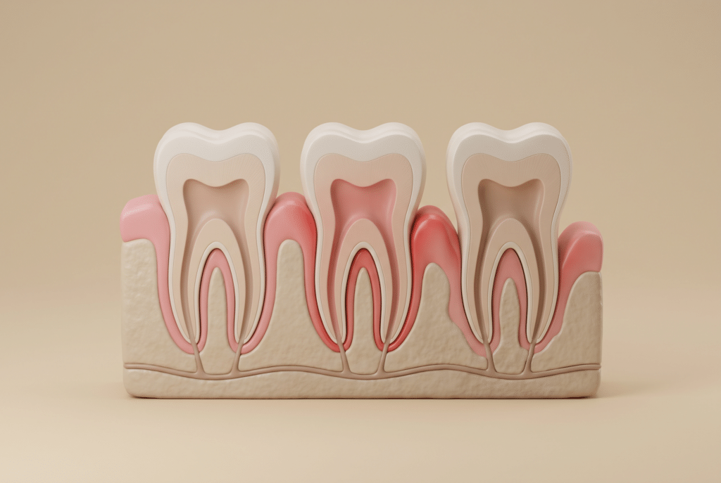 Illustration comparing a healthy tooth, gingivitis, and periodontitis with gum recession and bone loss