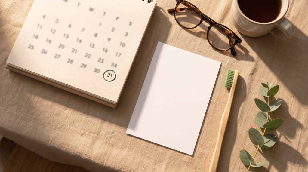 Desk calendar with the last day of the year circled beside a toothbrush and coffee, a reminder to use dental benefits before they reset