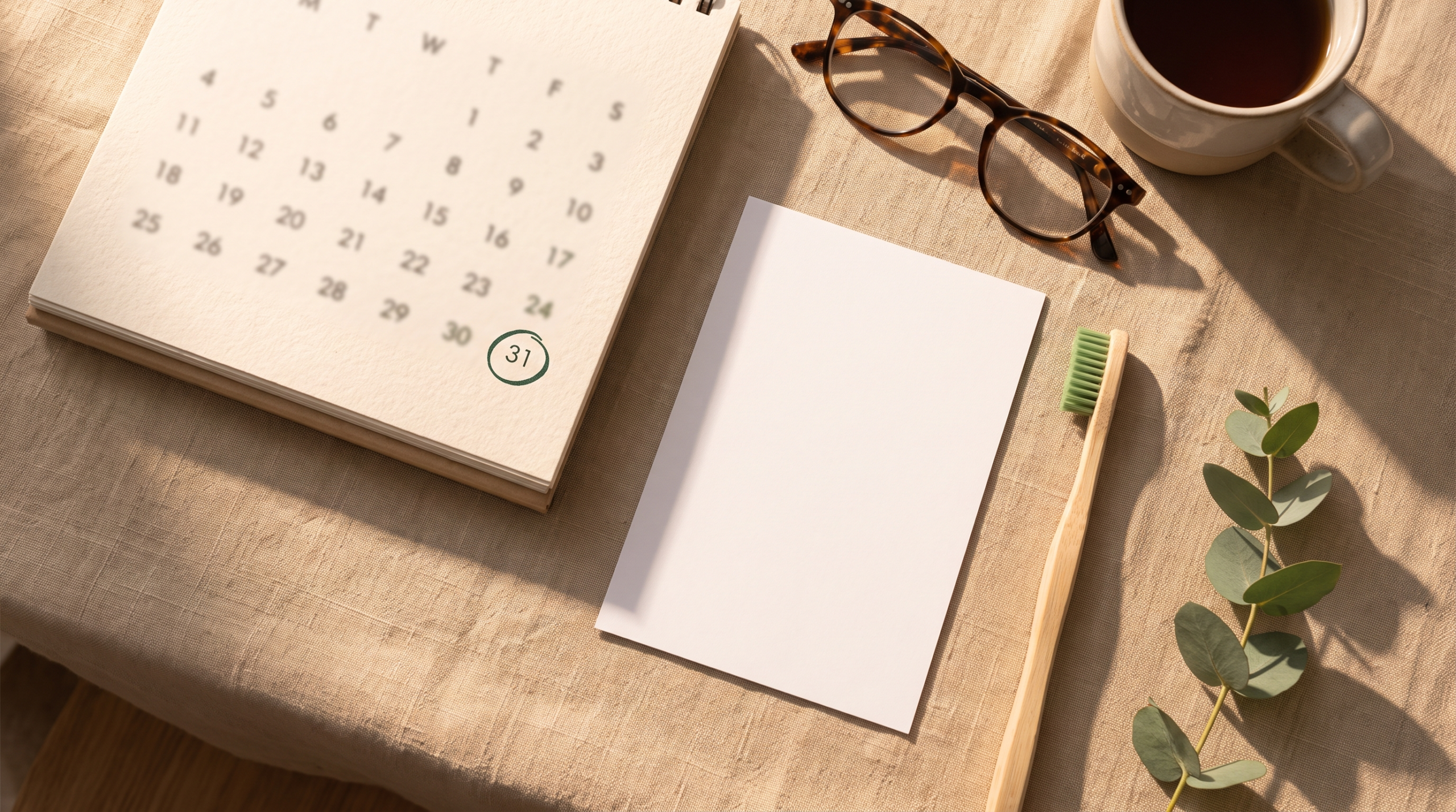 Desk calendar with the last day of the year circled beside a toothbrush and coffee, a reminder to use dental benefits before they reset